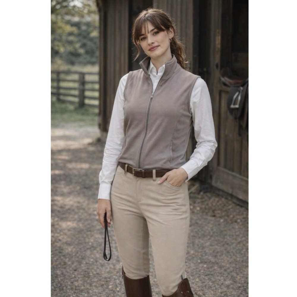 Blair Womens M Taupe Full Zip Mock Neck Sleeveless Jersey Vest Equestrian Style